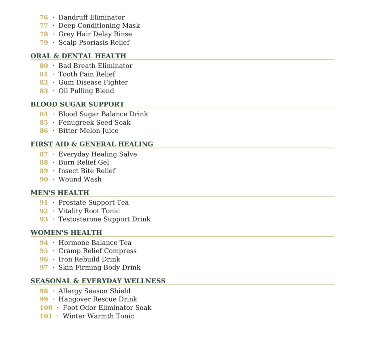 Index page from The Root Remedy Codex listing remedies 76 to 101 grouped by category