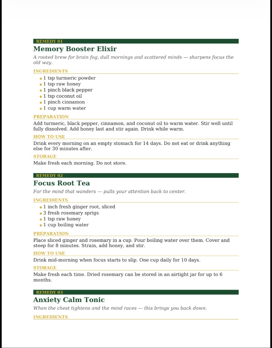 Remedy pages showing Memory Booster Elixir, Focus Root Tea and Anxiety Calm Tonic with ingredients and preparation