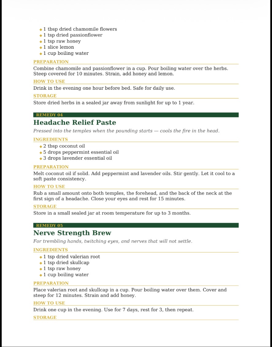 Remedy pages showing Headache Relief Paste and Nerve Strength Brew with ingredients, use and storage