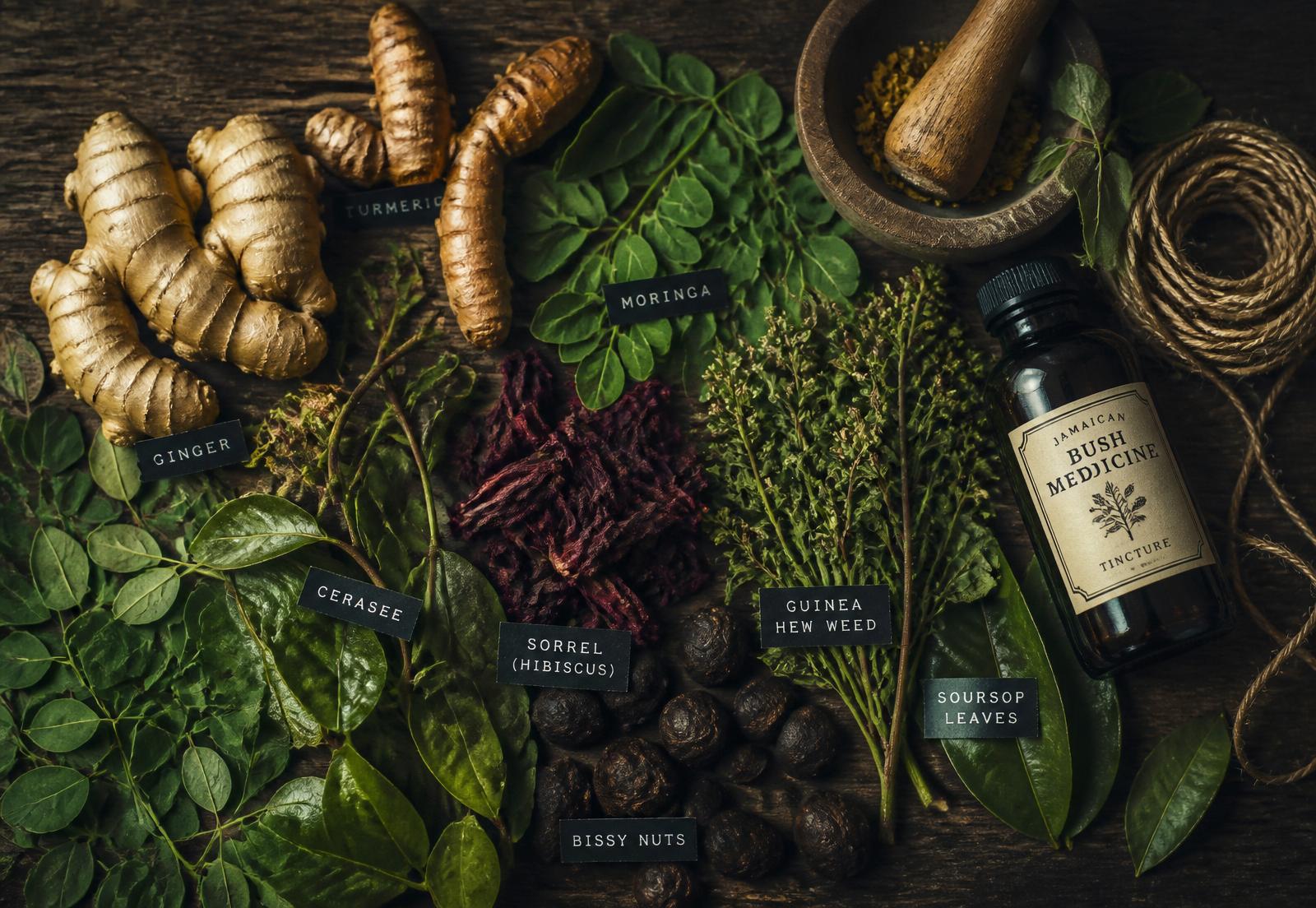 Jamaican bush medicine ingredients flatlay